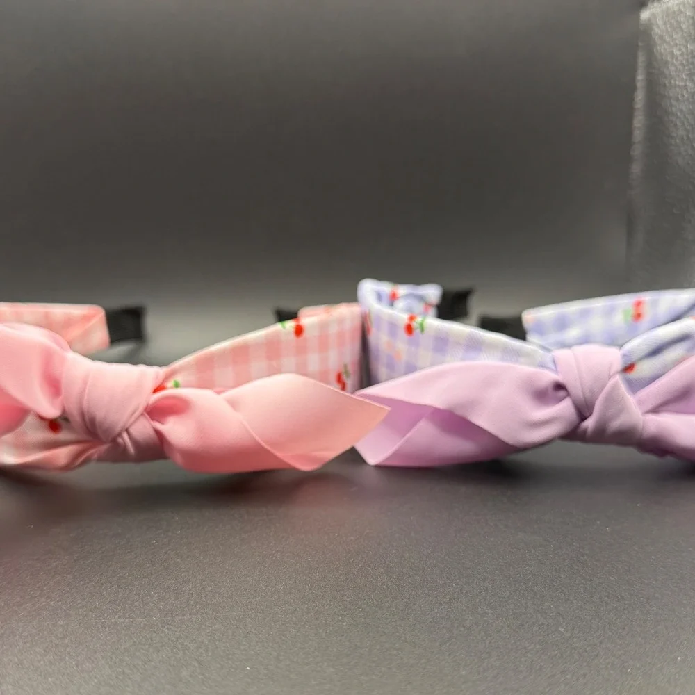 Cute Cherry Gingham‎ Headband Set Pink Purple Knot Bow Hair Accessory